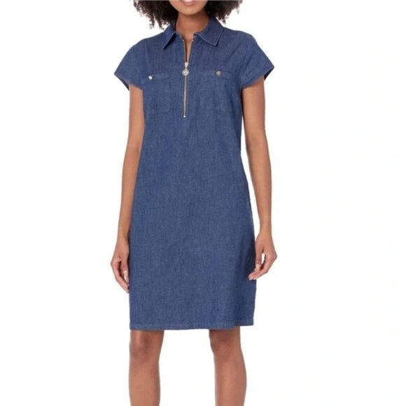 Anne Klein Marcella Cap Sleeve Zipper Stretch Denim Shift Dress size 8 - Picture 1 of 9